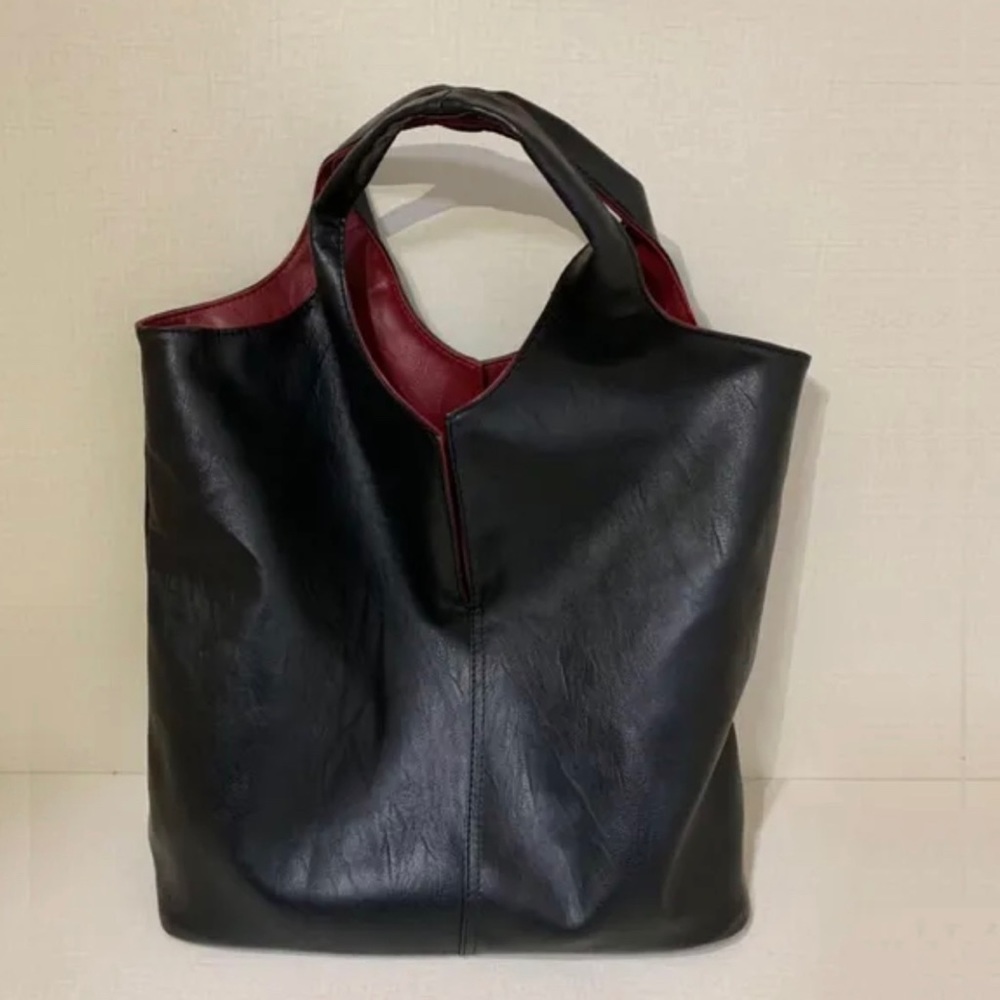 Large Genuine Leather Tote - Black and Red Leather - Hobo Handbag